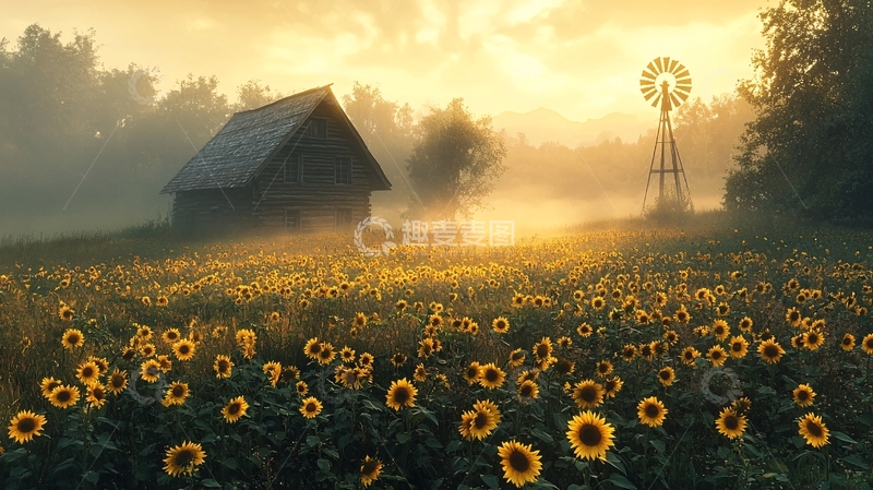 高清大图下载【趣麦麦图】清晨阳光下的向日葵田