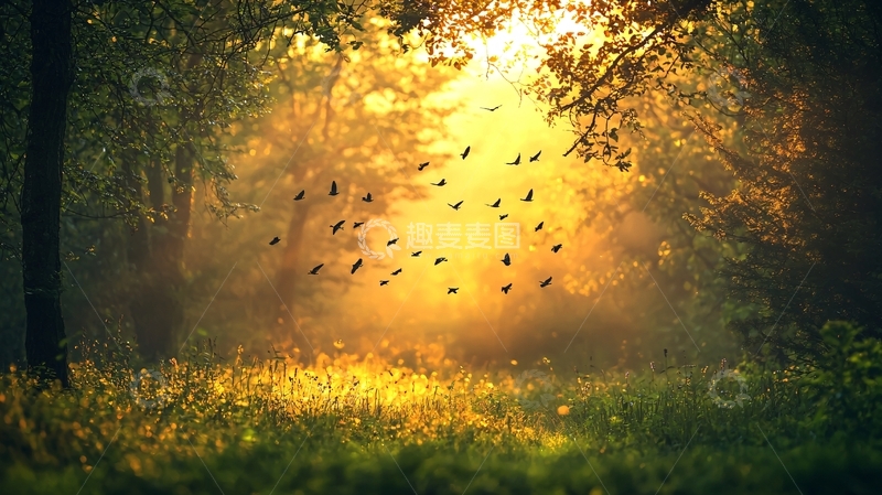 高清大图下载【趣麦麦图】森林夕阳鸟群