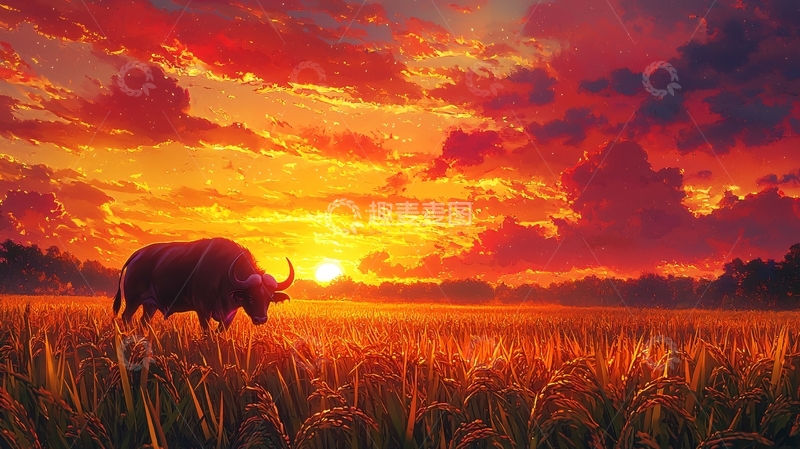 高清大图下载【趣麦麦图】夕阳下水牛田野剪影
