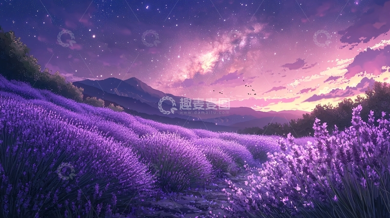 高清大图下载【趣麦麦图】薰衣草田下的星空