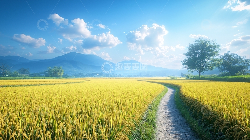 高清大图下载【趣麦麦图】金黄稻田小路山景