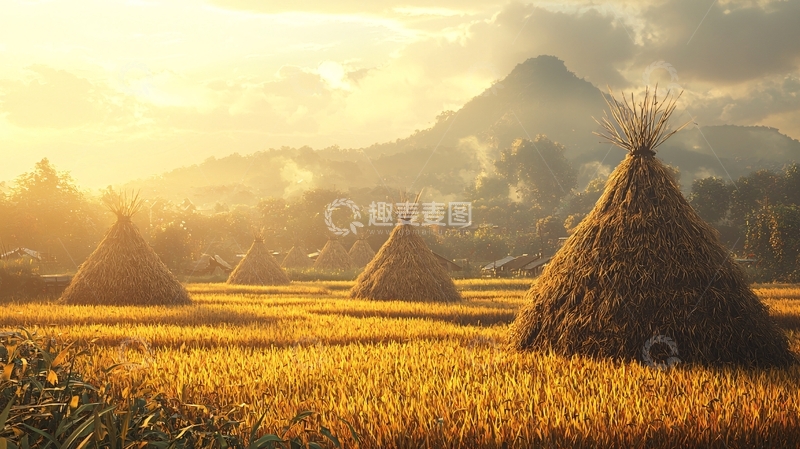 高清大图下载【趣麦麦图】日出稻田茅草屋