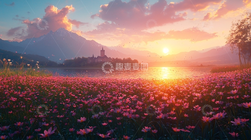 高清大图下载【趣麦麦图】唯美日落花海小镇
