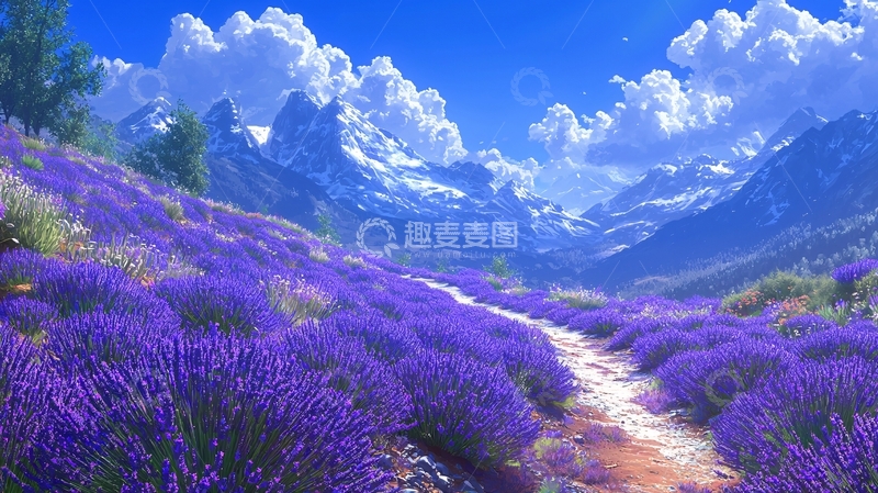 高清大图下载【趣麦麦图】薰衣草田野与雪山