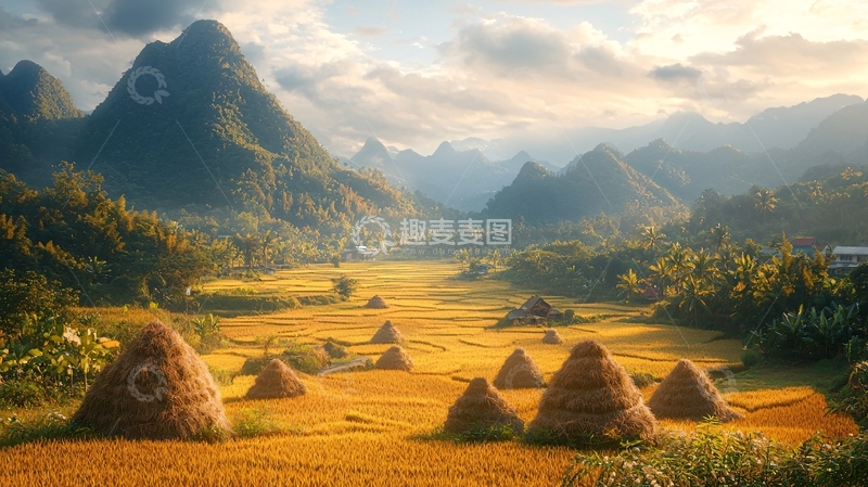 高清大图下载【趣麦麦图】稻草堆在田野里