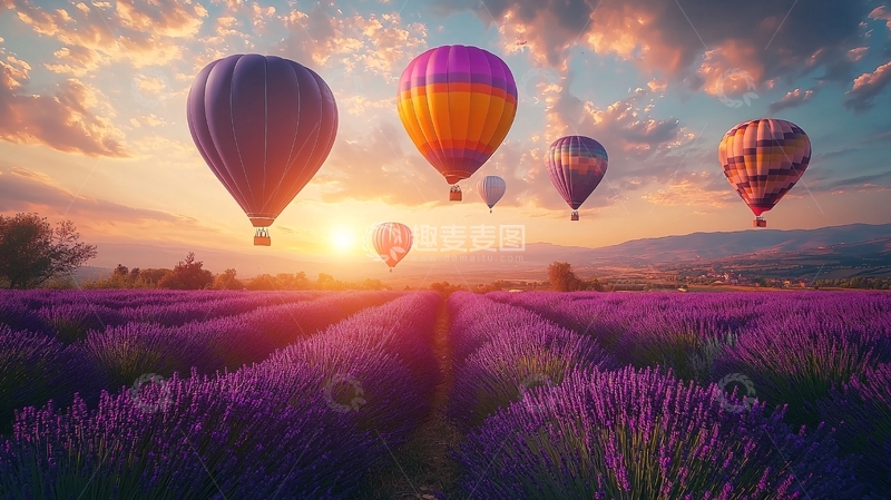 高清大图下载【趣麦麦图】薰衣草田上的热气球