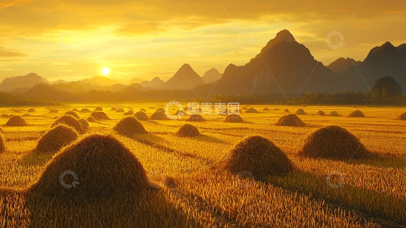 高清大图下载【趣麦麦图】金色田野与远山日落