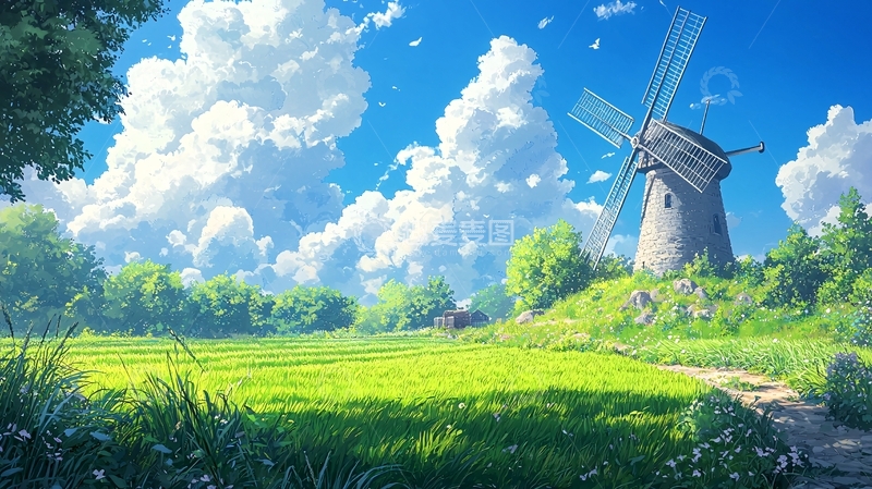 高清大图下载【趣麦麦图】阳光明媚的田园风车