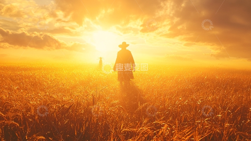 高清大图下载【趣麦麦图】金色麦田日落剪影