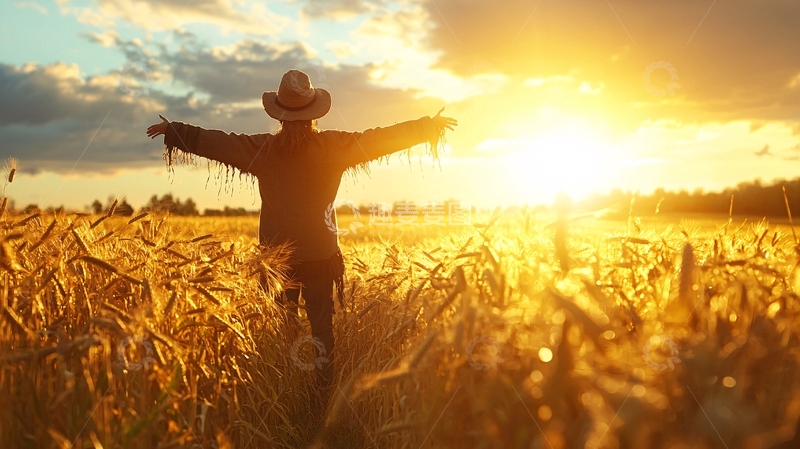 高清大图下载【趣麦麦图】稻田夕阳下稻草人