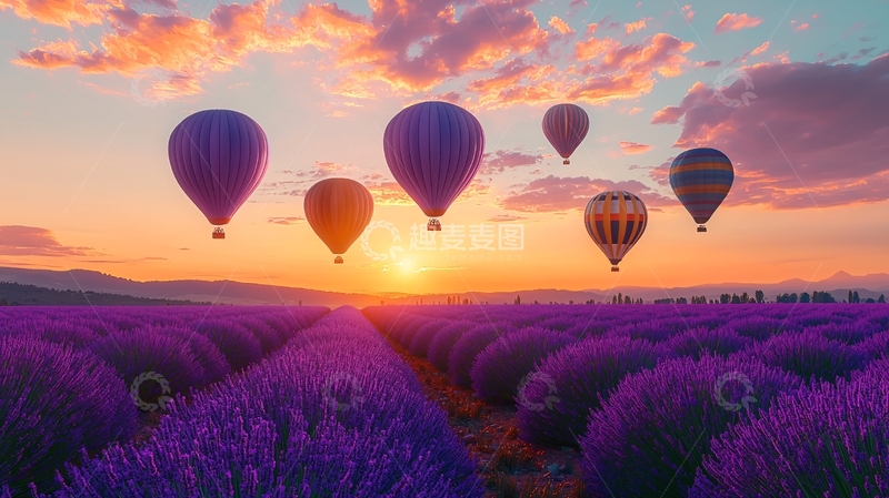 高清大图下载【趣麦麦图】日出薰衣草热气球