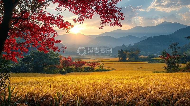 高清大图下载【趣麦麦图】秋日黄昏山峦稻田