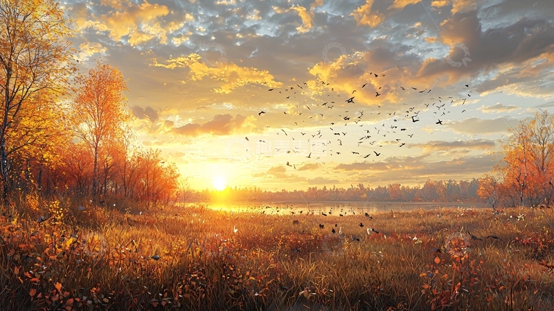 高清大图下载【趣麦麦图】金色田野上的日落鸟群