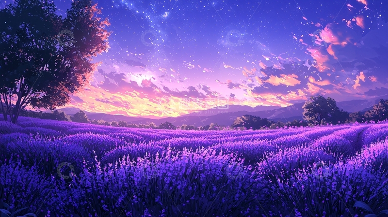 高清大图下载【趣麦麦图】薰衣草田夕阳美景