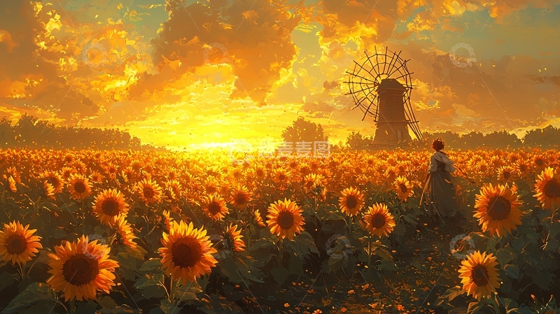 高清大图下载【趣麦麦图】夕阳下的向日葵田