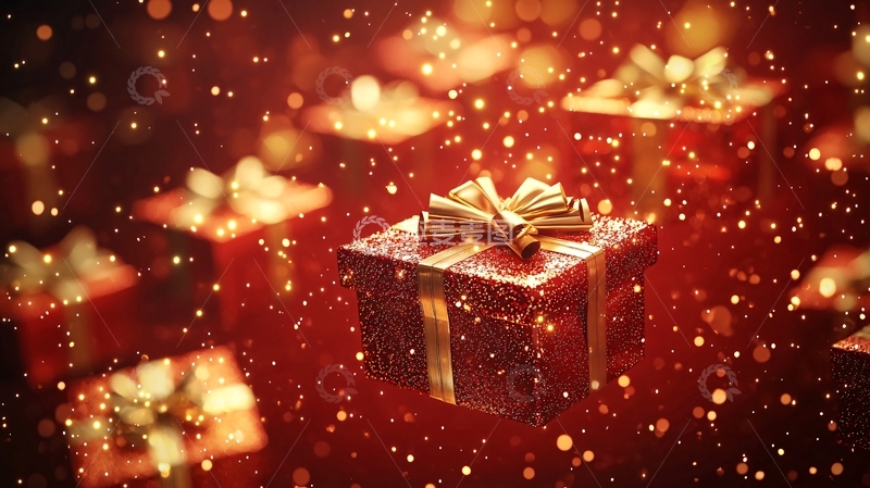 高清大图下载【趣麦麦图】-红色礼盒金色丝带背景