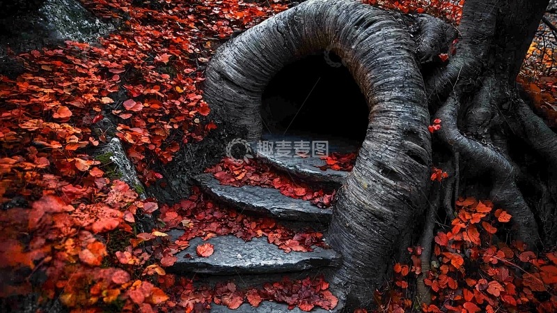 高清大图下载【趣麦麦图】红叶小径树根洞穴