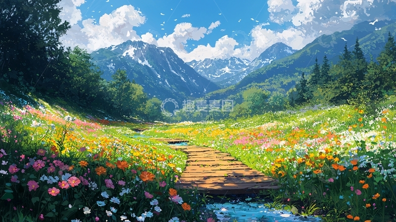 高清大图下载【趣麦麦图】鲜花盛开的山间小路