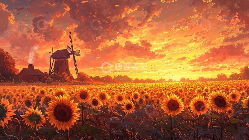 高清大图下载【趣麦麦图】日落下的向日葵田