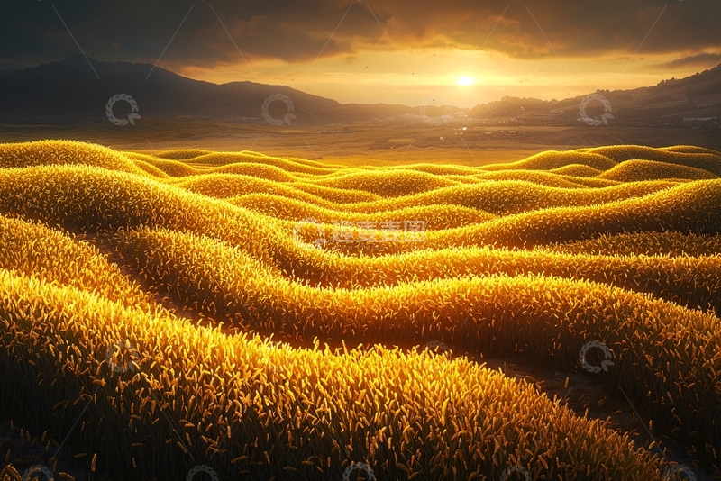高清大图下载【趣麦麦图】金黄麦田日落景色