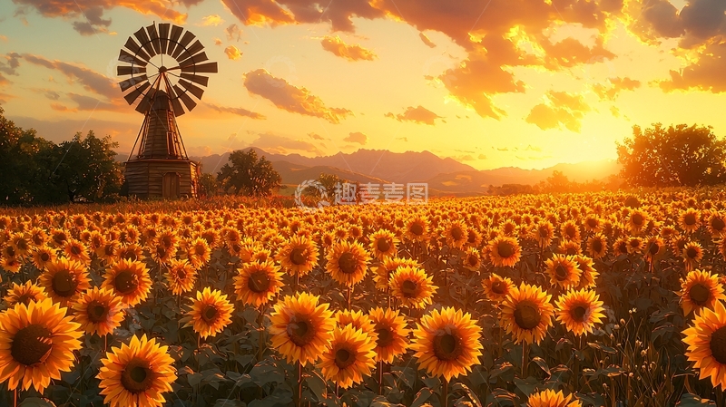 高清大图下载【趣麦麦图】夕阳下向日葵田的旧风车