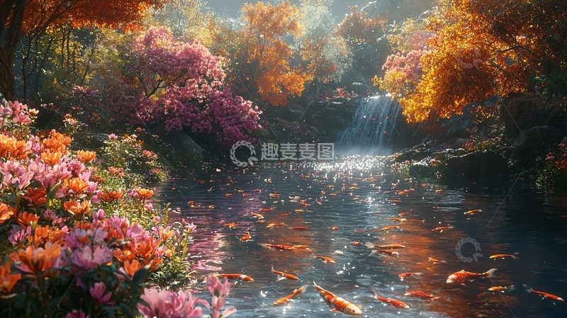 高清大图下载【趣麦麦图】秋日森林瀑布鲤鱼图