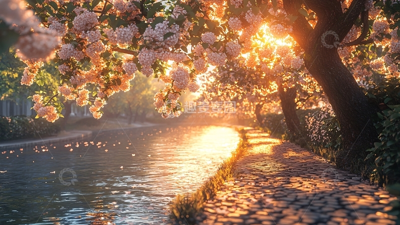 高清大图下载【趣麦麦图】阳光洒在河边盛开的樱花树