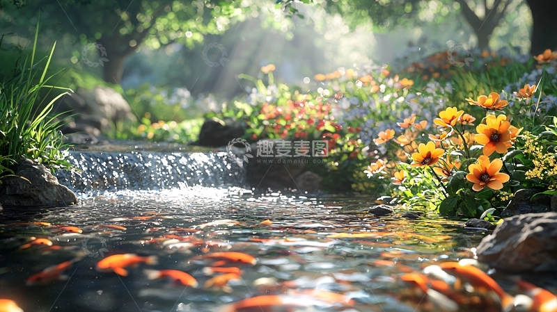 高清大图下载【趣麦麦图】阳光下的溪流和花朵