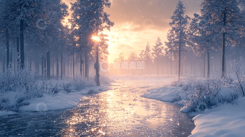 高清大图下载【趣麦麦图】冬日森林河流日出