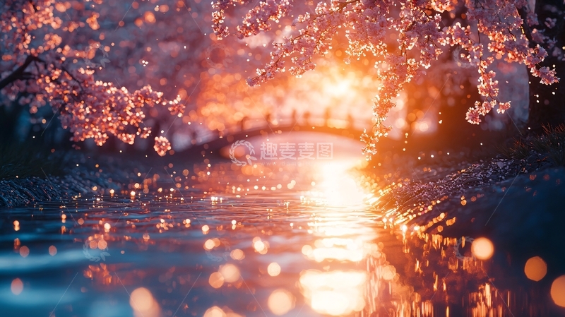 高清大图下载【趣麦麦图】唯美樱花树下小桥流水