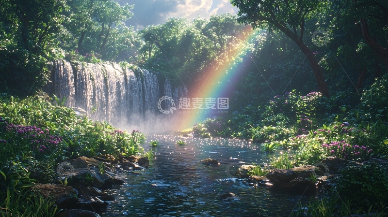 高清大图下载【趣麦麦图】热带雨林瀑布彩虹风景