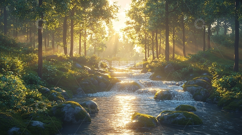 高清大图下载【趣麦麦图】森林小溪日出