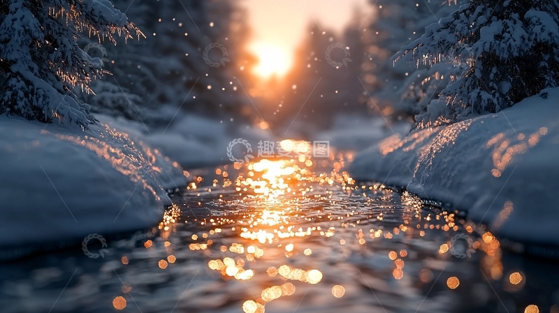 高清大图下载【趣麦麦图】冬日阳光下的雪景小河