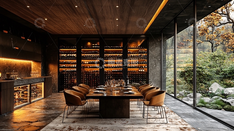 高清大图下载【趣麦麦图】暗色系现代酒窖餐厅