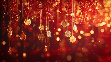 红色背景下金色吊坠