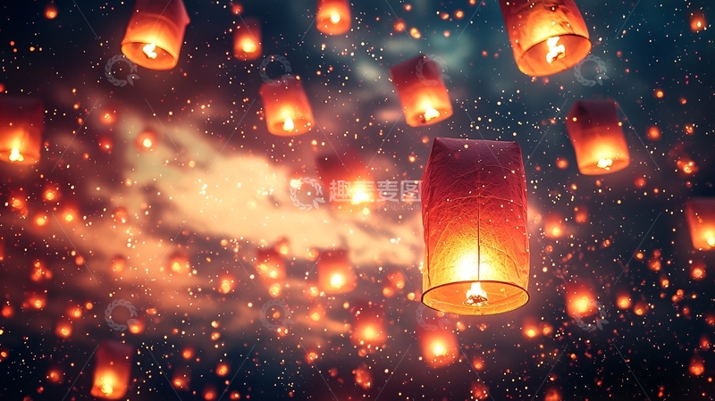高清大图下载【趣麦麦图】夜空飞舞的许愿灯