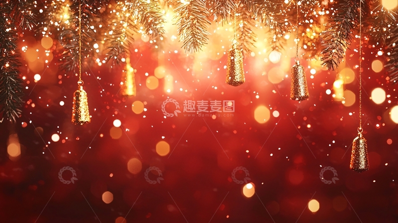 高清大图下载【趣麦麦图】金色铃铛圣诞树枝背景
