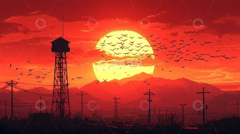 高清大图下载【趣麦麦图】血色黄昏下的荒凉小镇