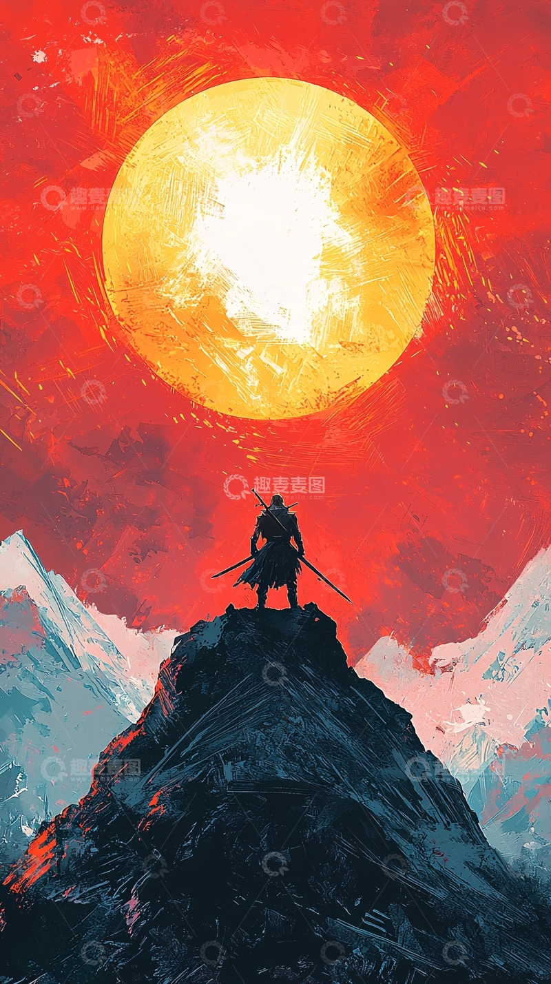 高清大图下载【趣麦麦图】山顶剑士望向红日