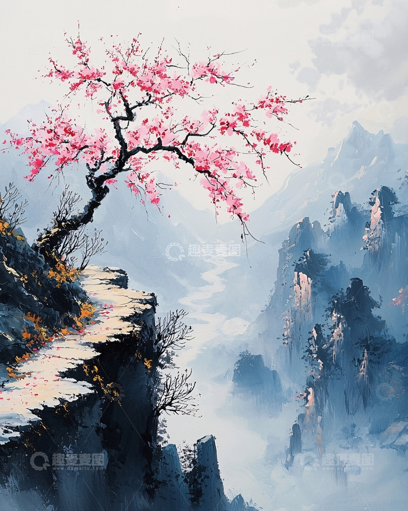 高清大图下载【趣麦麦图】悬崖边盛开的粉色樱花