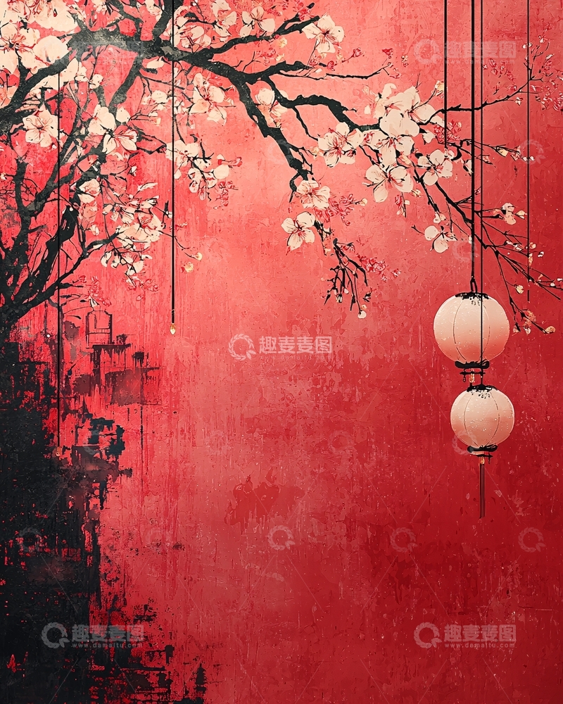 高清大图下载【趣麦麦图】红底水墨樱花树灯笼
