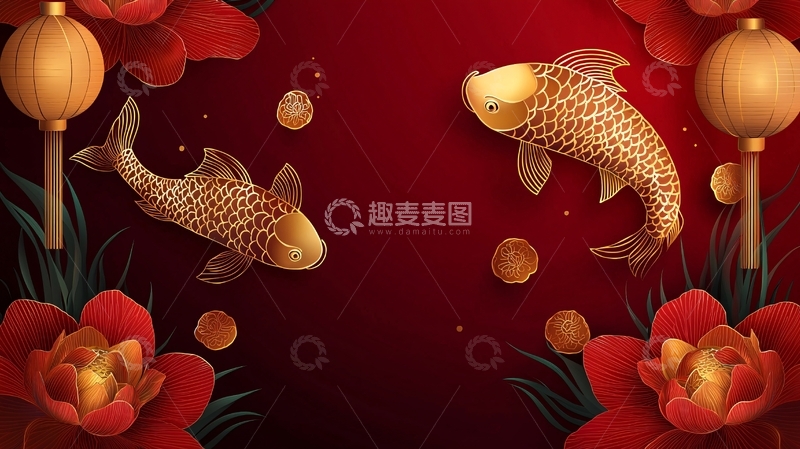 高清大图下载【趣麦麦图】红金色锦鲤花卉背景图