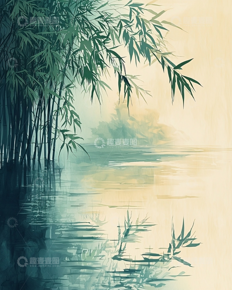 高清大图下载【趣麦麦图】水墨竹林水景