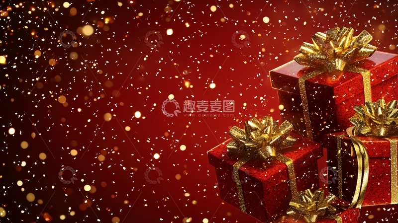 高清大图下载【趣麦麦图】红色背景金色蝴蝶结礼品盒