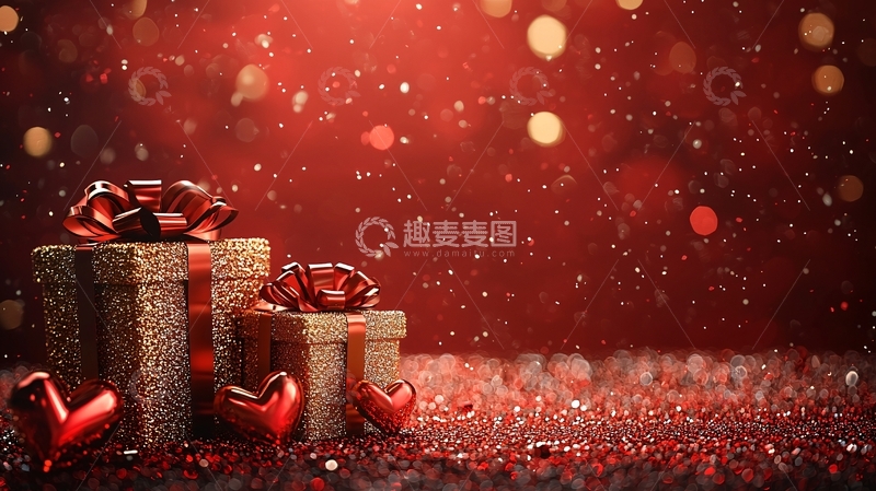 高清大图下载【趣麦麦图】红色背景下的金色礼物