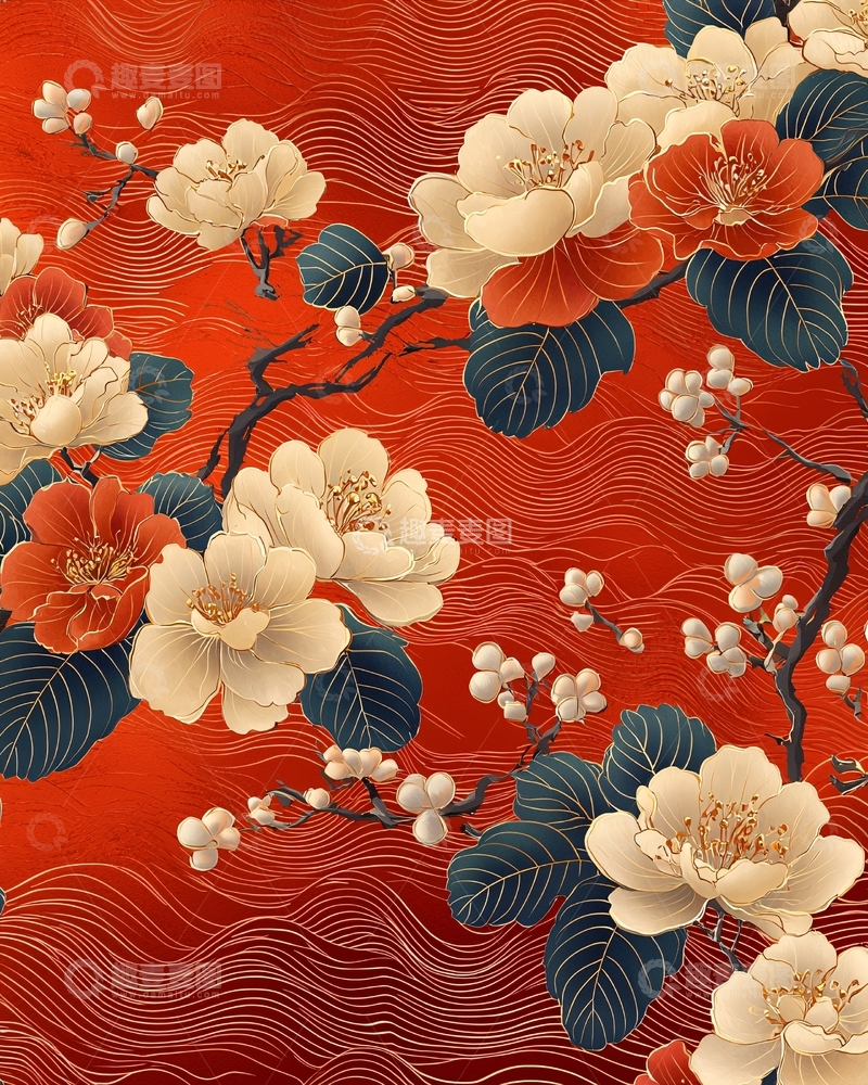 高清大图下载【趣麦麦图】红底花卉纹理图案