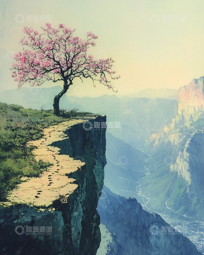 高清大图下载【趣麦麦图】悬崖边盛开的粉色树木