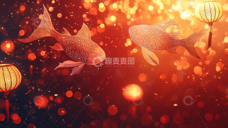 高清大图下载【趣麦麦图】红光闪耀下的两条锦鲤