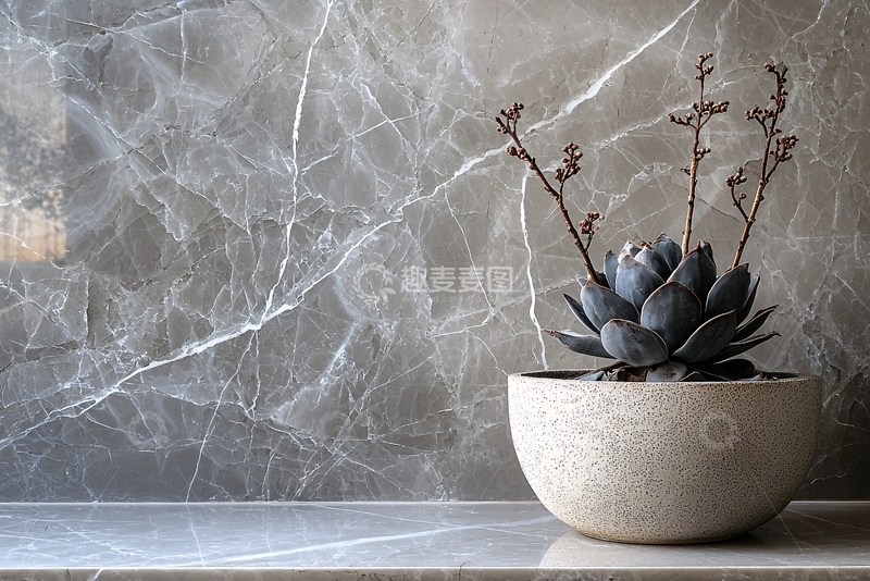高清大图下载【趣麦麦图】灰色大理石背景多肉植物