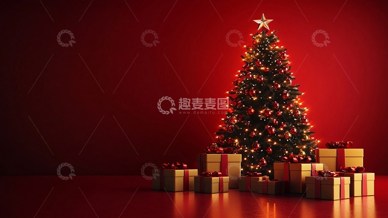 高清大图下载【趣麦麦图】红背景圣诞树与礼物